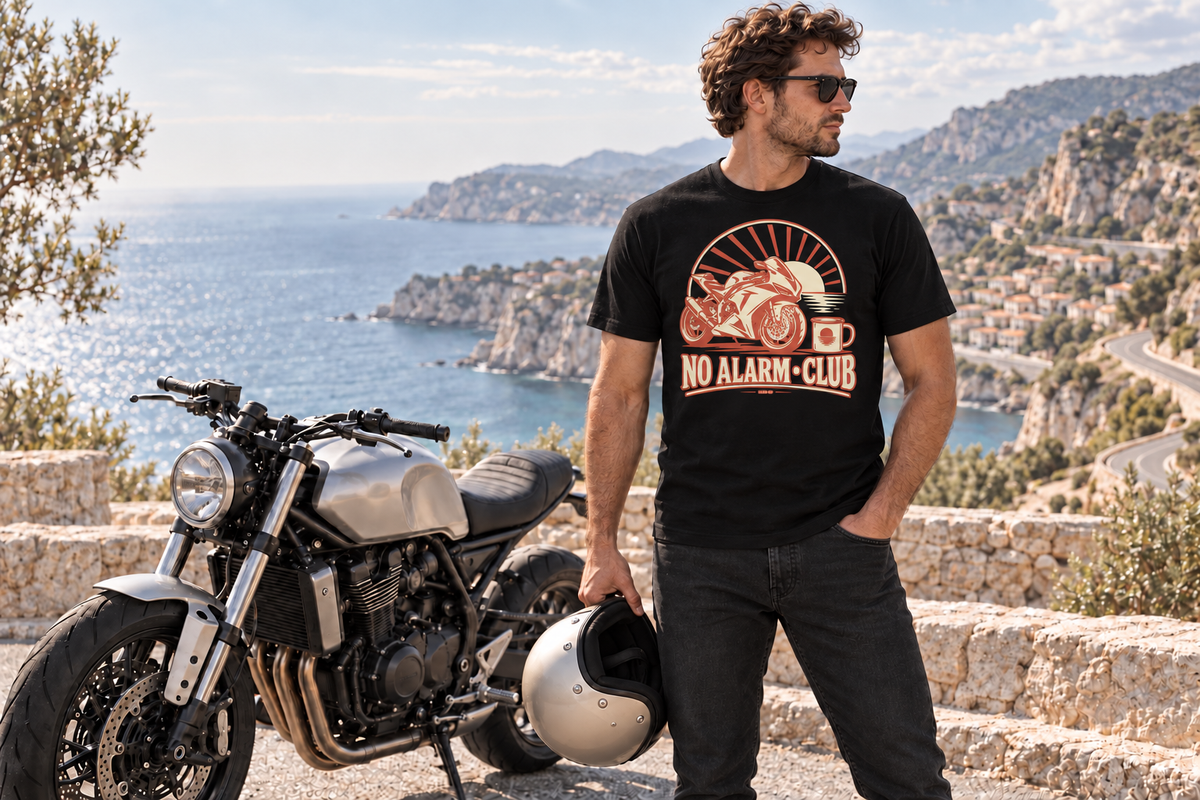 Rider wearing the No Alarm Club tee beside a motorcycle at a coastal overlook