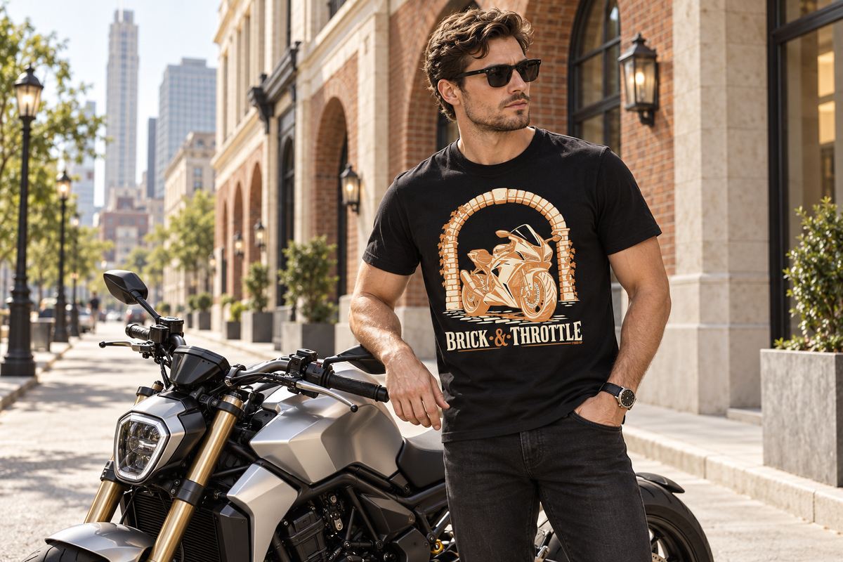 Rider wearing the Brick and Throttle tee on a sunlit city street beside a silver motorcycle