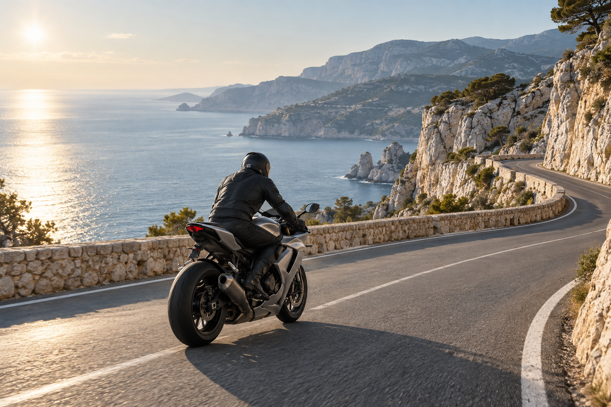 Motorcyclist following a sunlit coastal road above the sea