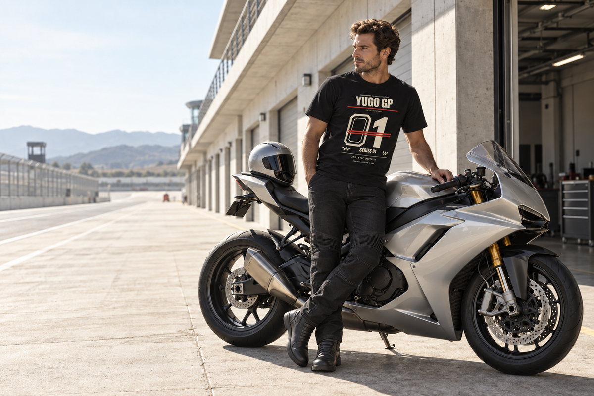 Rider wearing the Yugo GP Racing Department 01 tee beside a silver motorcycle