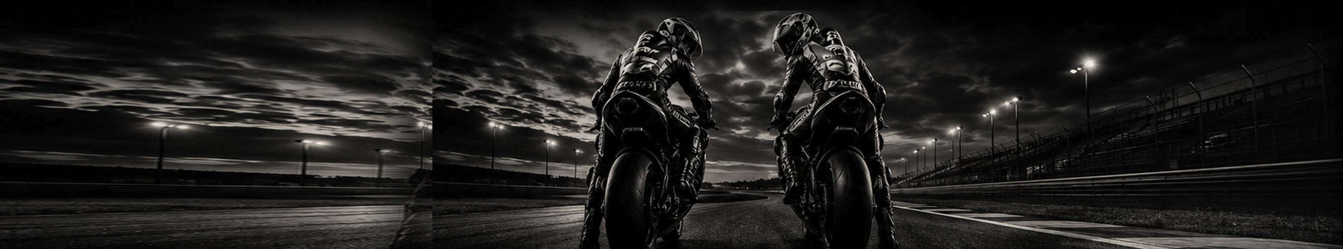 Two riders on a dramatic racetrack